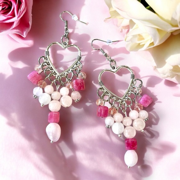 Rose Quartz and Crystals Heart Shaped Silver Toned Chandelier Earrings - Picture 12 of 17